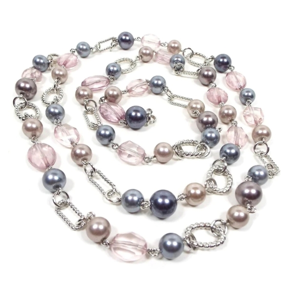 Long Premier Designs Silver Plated Faux Pearl Beaded Vintage 90'es Necklace - Picture 2 of 5